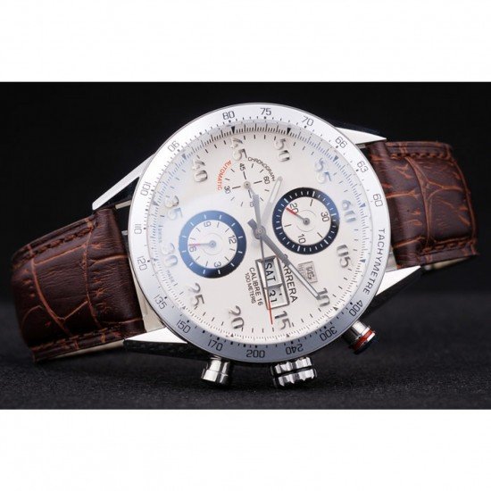 Tag Heuer Swiss Carrera Tachymeter Bezel Dark Brown Leather Strap White Dial