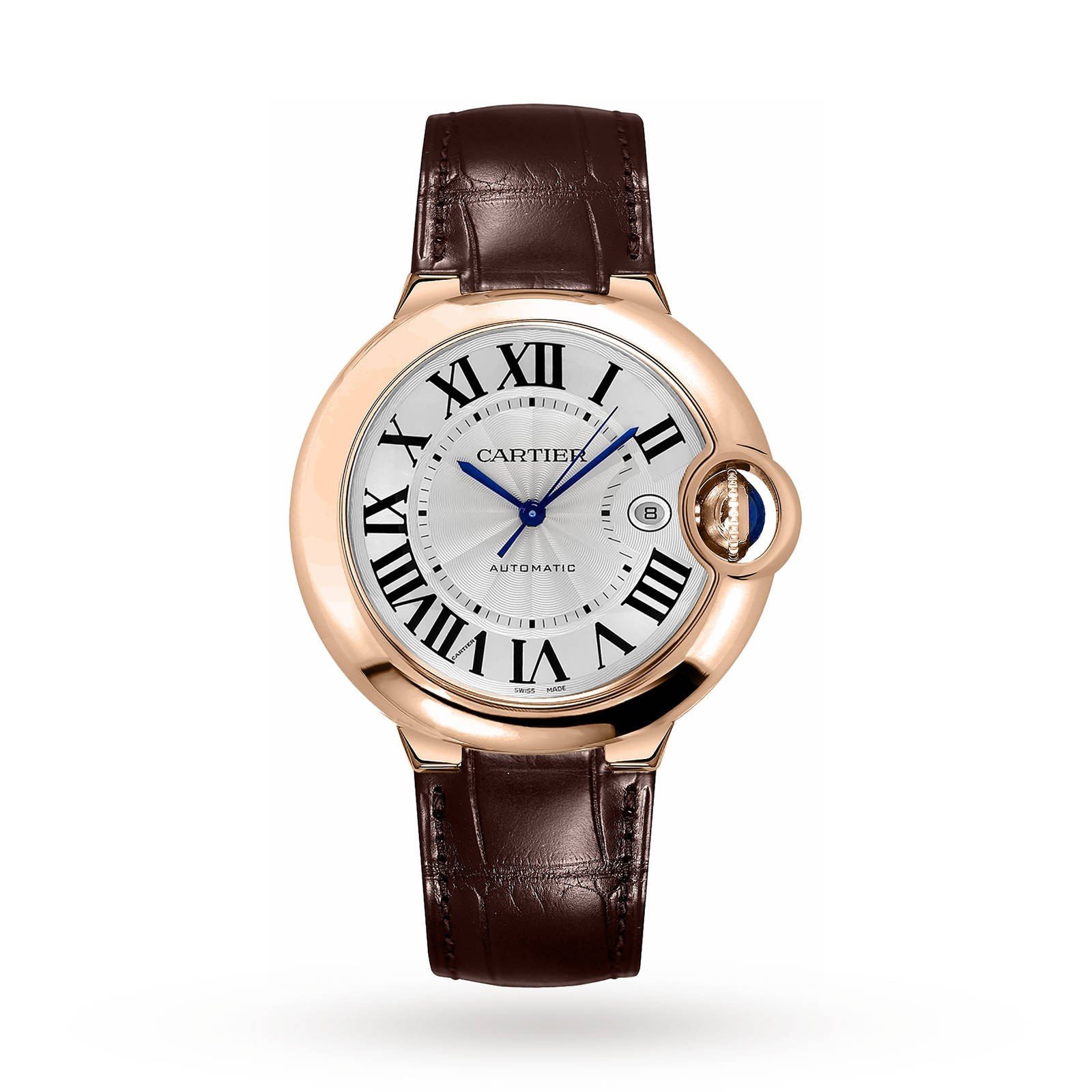 Swiss Ballon Bleu de Cartier watch, 42 mm, pink gold, leather, sapphire