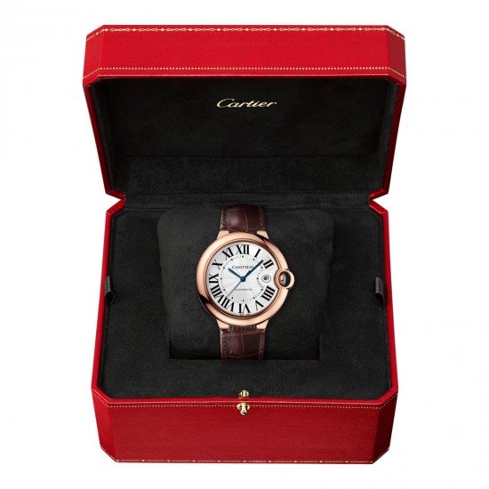 Swiss Ballon Bleu de Cartier watch, 42 mm, pink gold, leather, sapphire