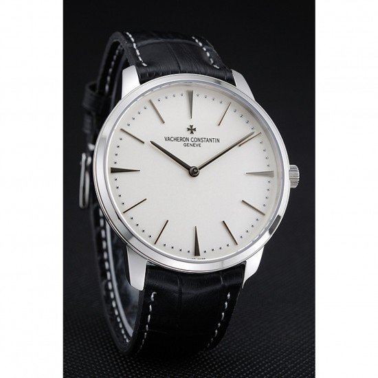 Swiss Vacheron Constantin Patrimony White Dial Silver Case Black Leather Bracelet 1454157