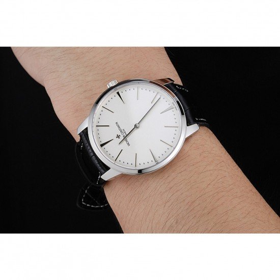 Swiss Vacheron Constantin Patrimony White Dial Silver Case Black Leather Bracelet 1454157