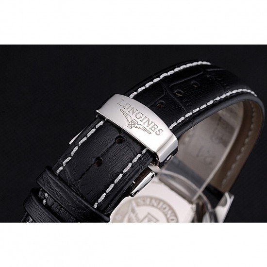 Longines Column Wheel Black Dial Silver Stainless Steel Case Black Leather Strap