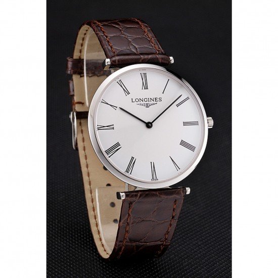 Swiss Longines Grande Classique White Dial Roman Numerals Stainless Steel Case Brown Leather Strap