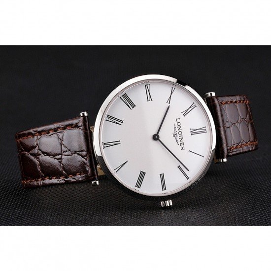 Swiss Longines Grande Classique White Dial Roman Numerals Stainless Steel Case Brown Leather Strap