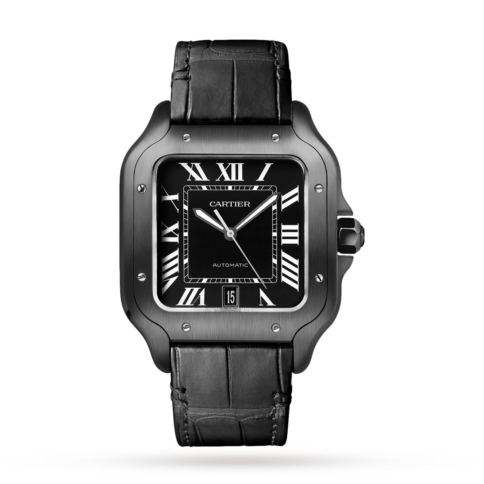 Swiss Santos de Cartier watch Large model, automatic, steel, ADLC, interchangeable rubber and leather bracelets