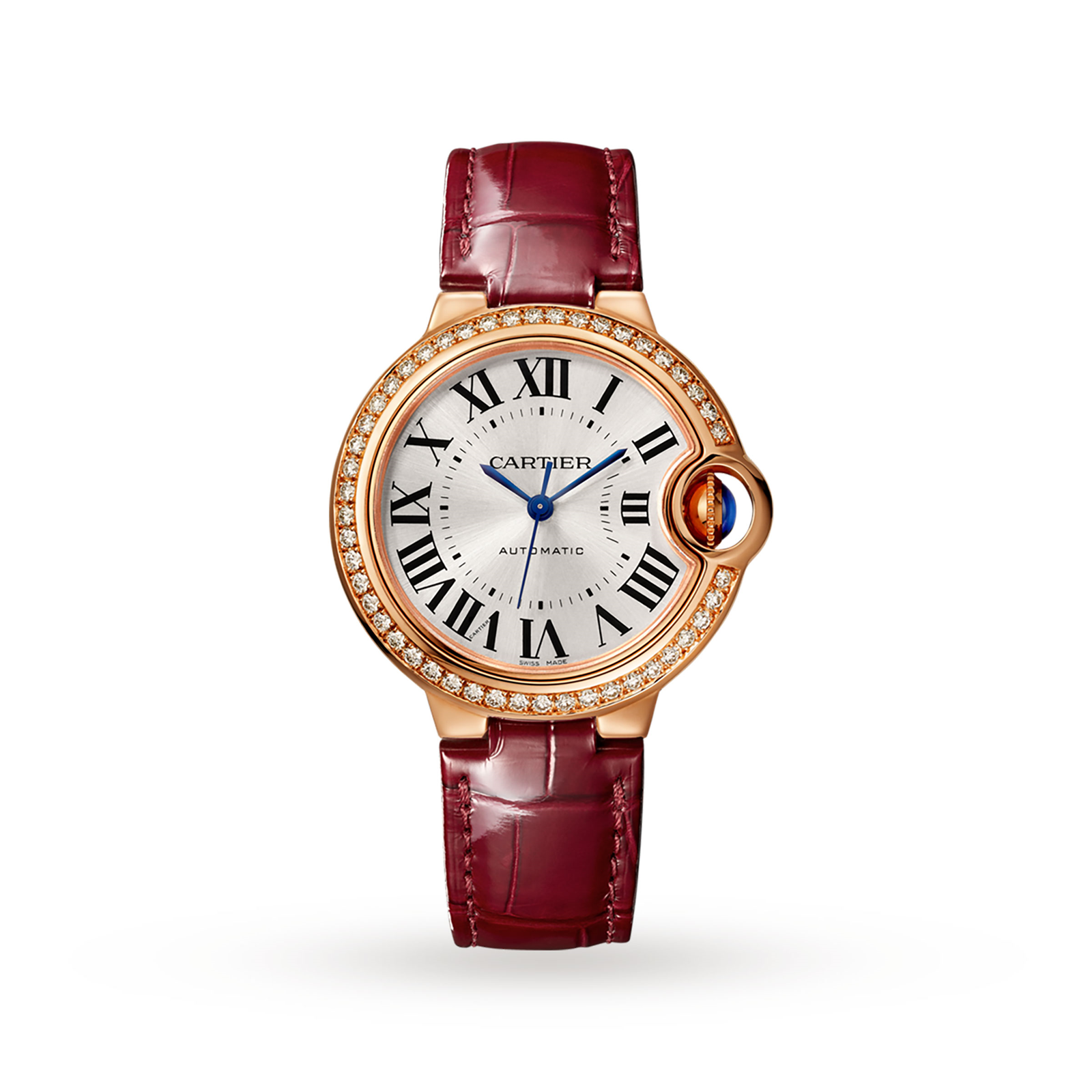 Swiss Ballon Bleu de Cartier watch, 33 mm, pink gold, diamonds, leather