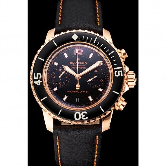 Swiss Blancpain Air Command Monaco YS Black Dial Rose Gold Case Black Leather Strap