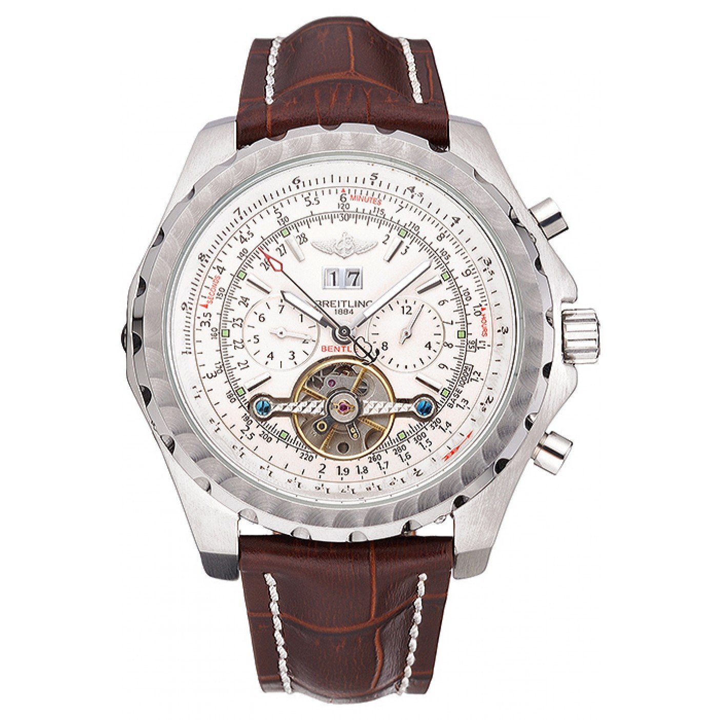 Breitling Bentley Mulliner Tourbillon White Dial Stainless Steel Case Brown Leather Strap 622729