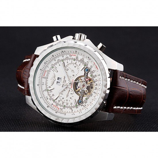 Breitling Bentley Mulliner Tourbillon White Dial Stainless Steel Case Brown Leather Strap 622729