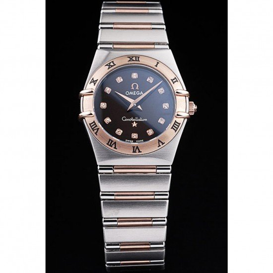 Omega Swiss Constellation Jewelry Rose Gold Case Black Dial 98114