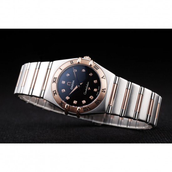 Omega Swiss Constellation Jewelry Rose Gold Case Black Dial 98114