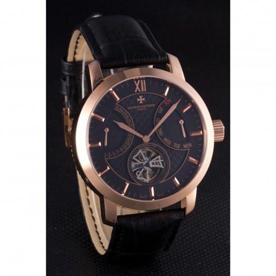 Vacheron Constantin Tourbillon Black Dial Rose Gold Case Black Leather Bracelet