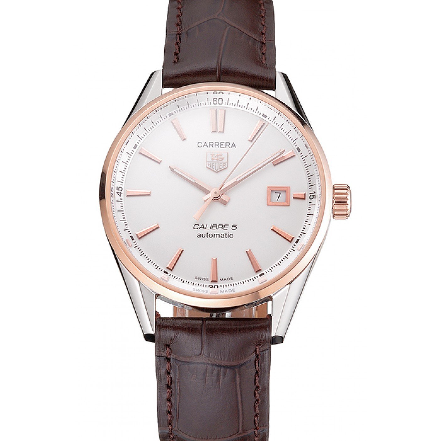 Swiss Tag Heuer Carrera Calibre 5 White Dial Rose Gold Case Brown Leather Strap