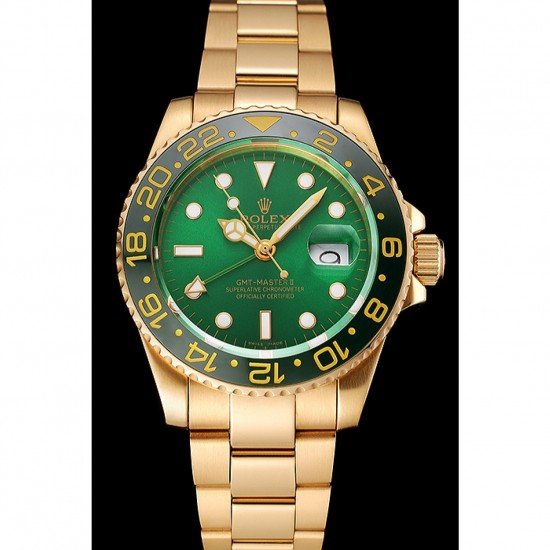 Swiss Rolex GMT Master II Green Dial And Bezel Gold Case And Bracelet 1453750