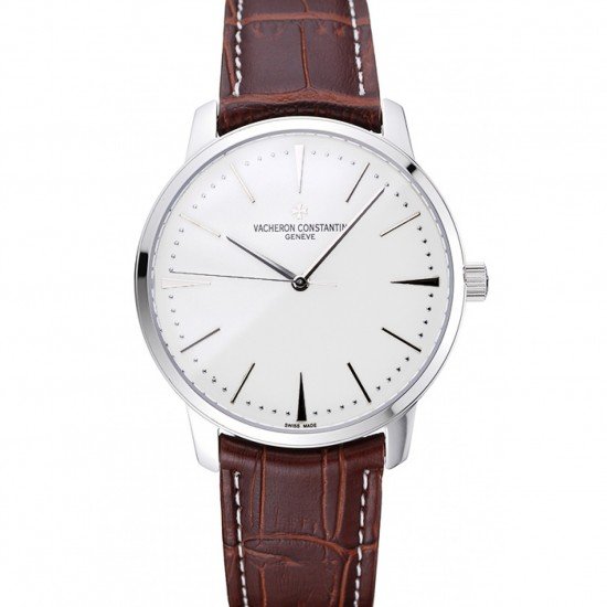 Swiss Vacheron Constantin Patrimony White Dial Silver Case Brown Leather Bracelet 1454158