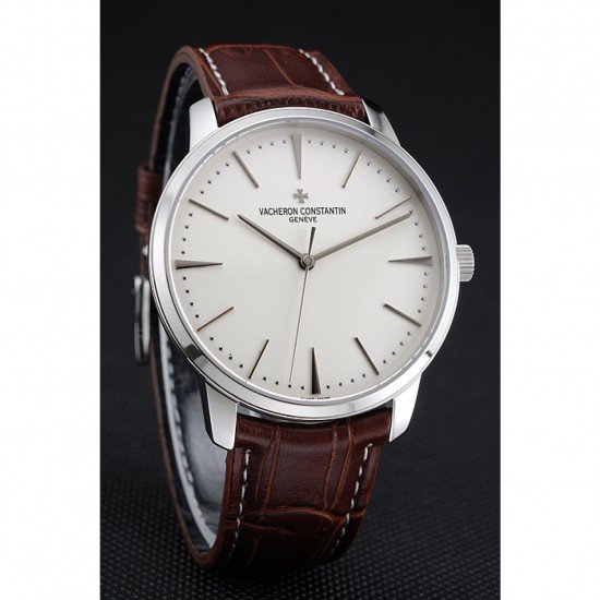 Swiss Vacheron Constantin Patrimony White Dial Silver Case Brown Leather Bracelet 1454158