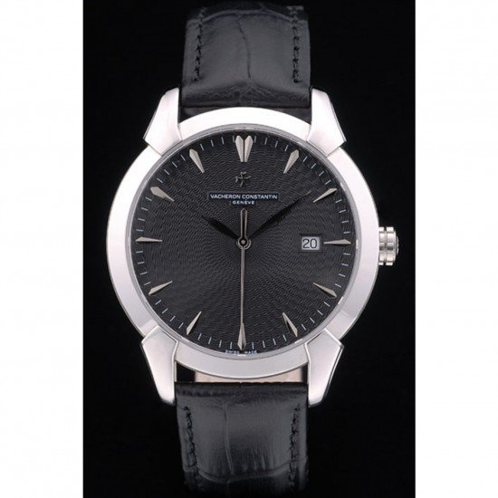 Swiss Vacheron Constantin Traditionnelle Black Dial Stainless Steel Case Black Leather Bracelet