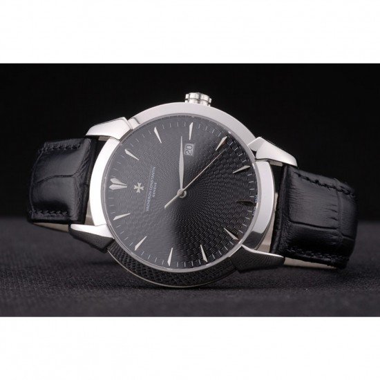 Swiss Vacheron Constantin Traditionnelle Black Dial Stainless Steel Case Black Leather Bracelet