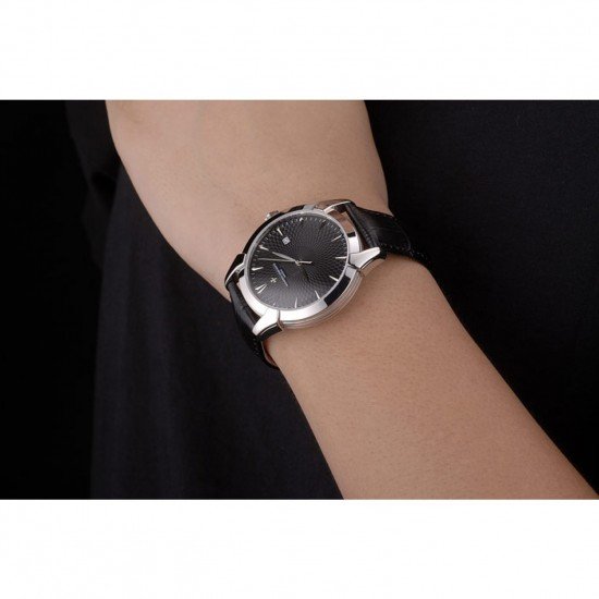 Swiss Vacheron Constantin Traditionnelle Black Dial Stainless Steel Case Black Leather Bracelet