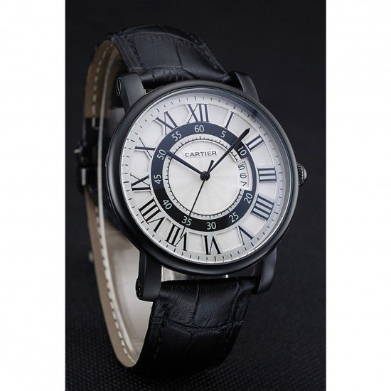 Cartier Rotonde White And Black Dial Black Case Black Leather Bracelet 1454219