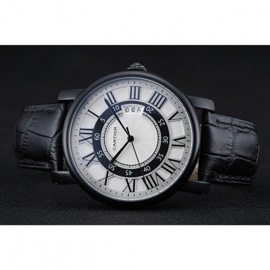 Cartier Rotonde White And Black Dial Black Case Black Leather Bracelet 1454219