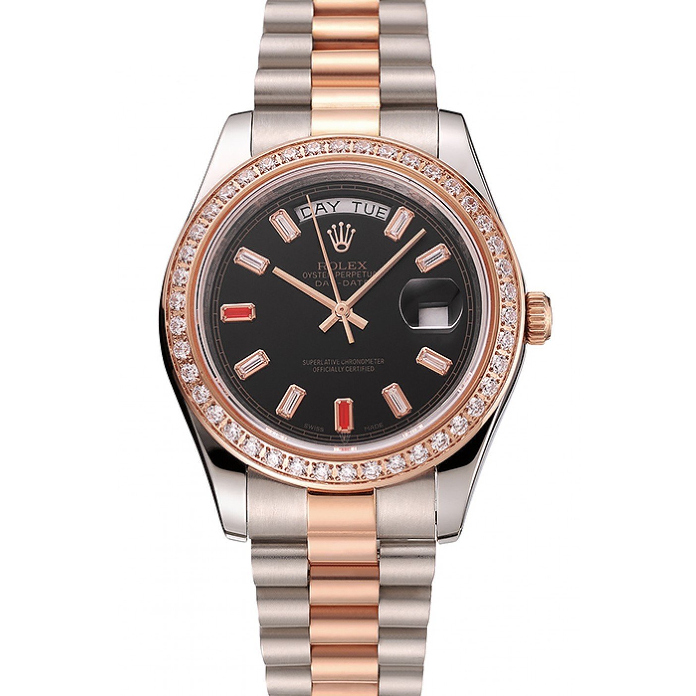 Swiss Rolex Day-Date Diamonds And Rubies Black Dial Rose Gold And Staineless Steel Bracelet 1454106
