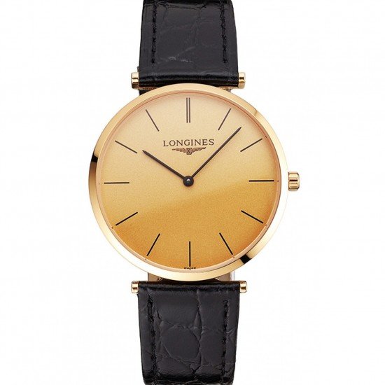 Swiss Longines Grande Classique Gold Dial Gold Case Black Leather Strap