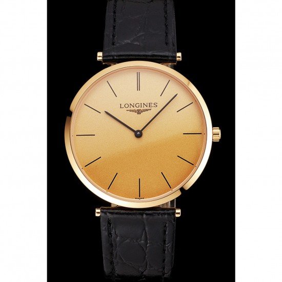 Swiss Longines Grande Classique Gold Dial Gold Case Black Leather Strap