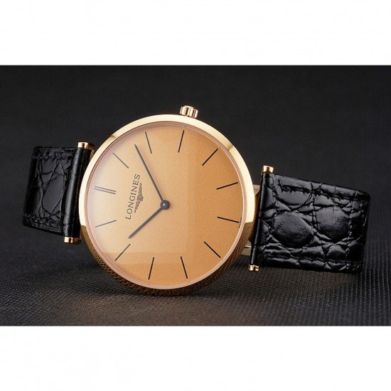 Swiss Longines Grande Classique Gold Dial Gold Case Black Leather Strap