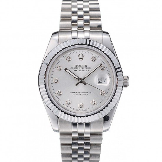 Rolex Swiss DateJust Stainless Steel Ribbed Bezel Silver Dial 41996