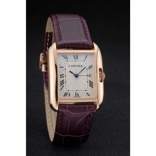 Cartier Tank Anglaise 30mm White Dial Gold Case Purple Leather Bracelet