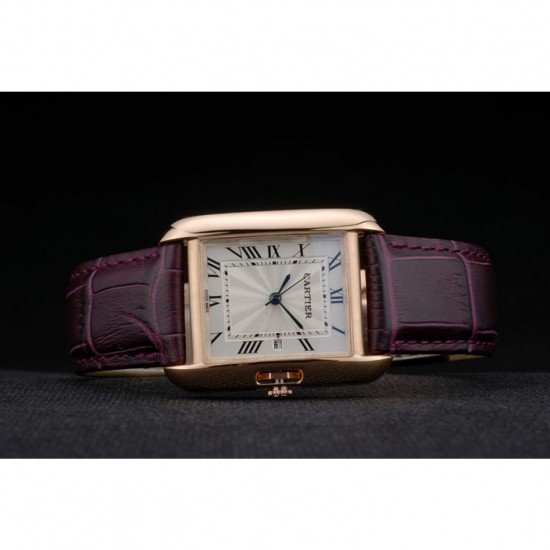 Cartier Tank Anglaise 30mm White Dial Gold Case Purple Leather Bracelet