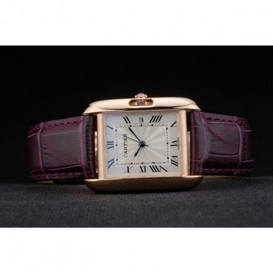 Cartier Tank Anglaise 30mm White Dial Gold Case Purple Leather Bracelet