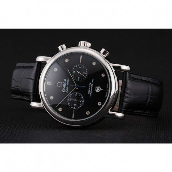 Omega Seamaster Vintage Chronograph Black Dial Diamond Hour Marks Stainless Steel Case Black Leather Strap