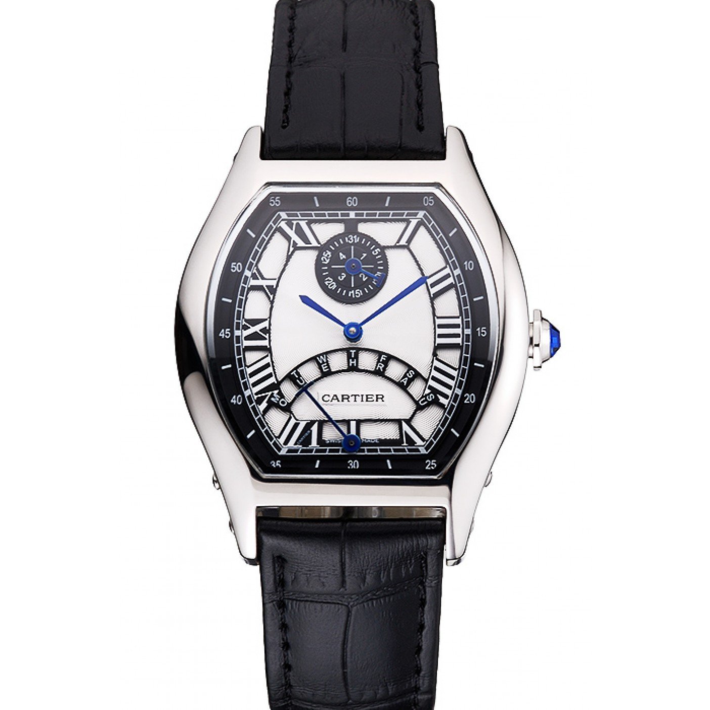 Cartier Tortue Perpetual Calendar White Dial Stainless Steel Case Black Leather Strap