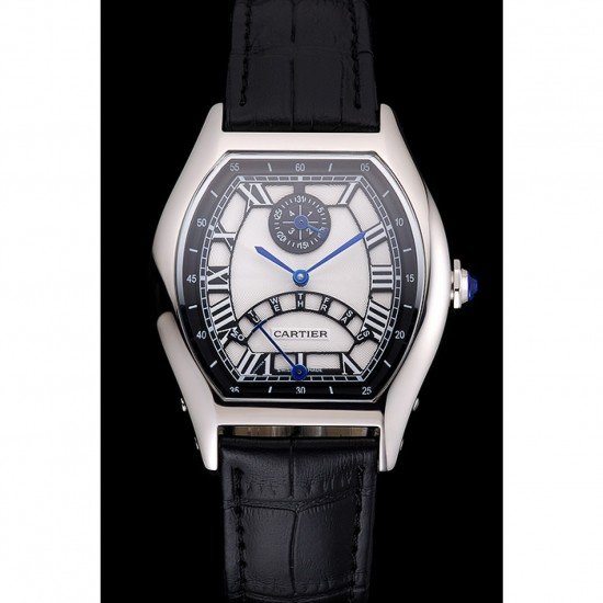 Cartier Tortue Perpetual Calendar White Dial Stainless Steel Case Black Leather Strap