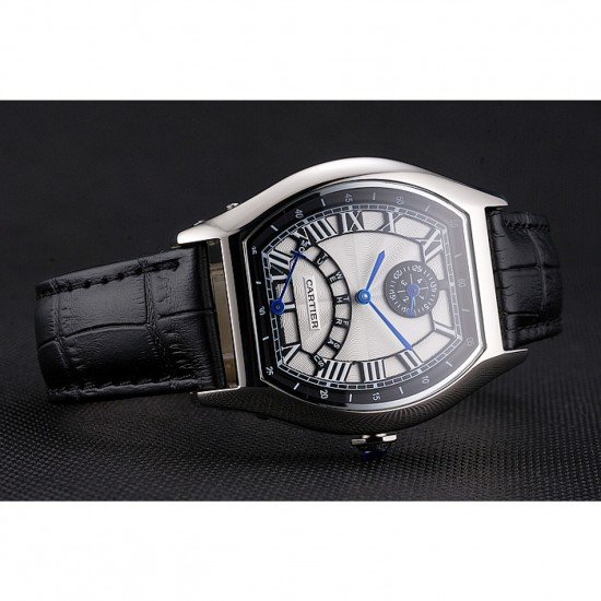 Cartier Tortue Perpetual Calendar White Dial Stainless Steel Case Black Leather Strap