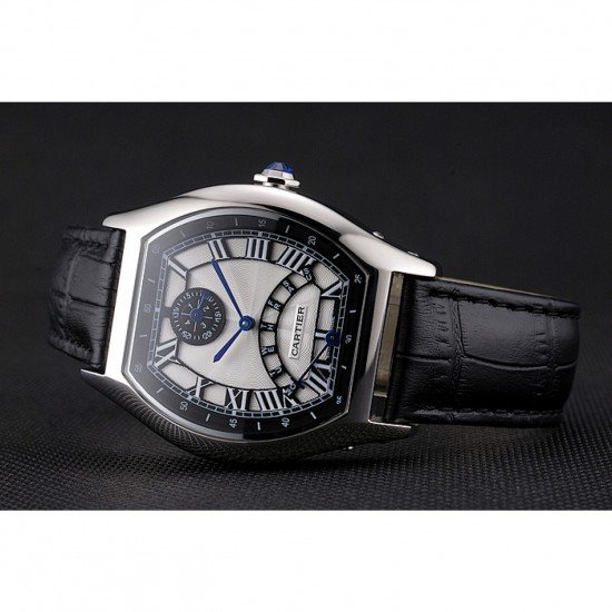 Cartier Tortue Perpetual Calendar White Dial Stainless Steel Case Black Leather Strap