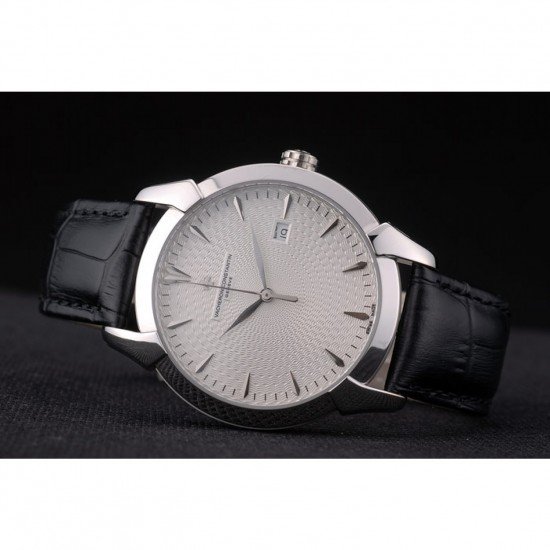 Swiss Vacheron Constantin Traditionnelle White Dial Stainless Steel Case Black Leather Bracelet