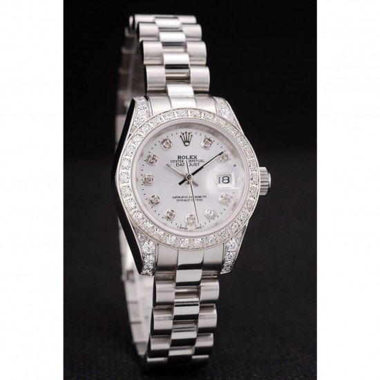 Rolex DateJust Brushed Stainless Steel Diamond Plated Case White Dial Diamond Plated Bezel