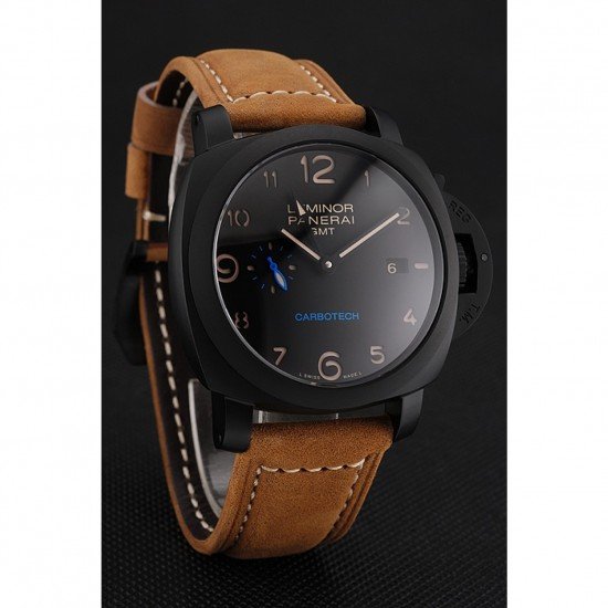 Swiss Panerai Luminor GMT Carbotech Black Dial Black Case Brown Leather Strap