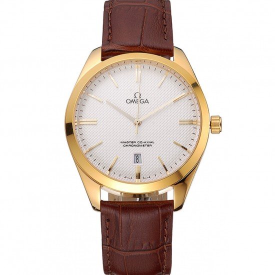 Omega Tresor Master Co-Axial White Dial Gold Case Brown Leather Strap