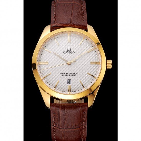 Omega Tresor Master Co-Axial White Dial Gold Case Brown Leather Strap