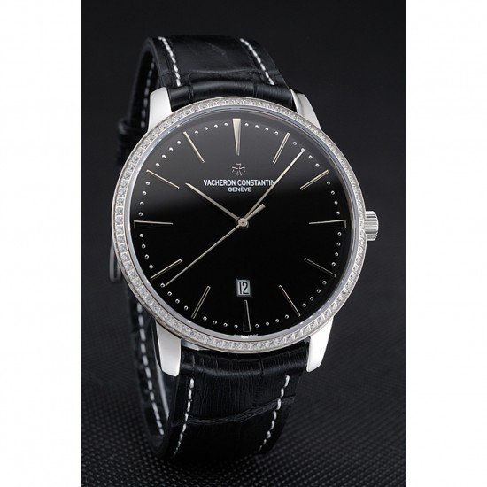 Swiss Vacheron Constantin Patrimony Black Dial Silver Diamonds Case Black Leather Bracelet 1454164