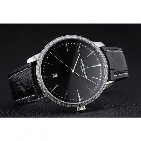 Swiss Vacheron Constantin Patrimony Black Dial Silver Diamonds Case Black Leather Bracelet 1454164