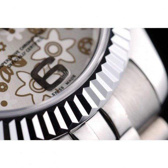 Rolex DateJust Stainless Steel Ribbed Bezel Flower Silver Dial 41983