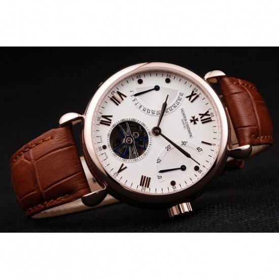 Vacheron Constantin Tourbillion White Dial Rose Gold Case Brown Leather Bracelet