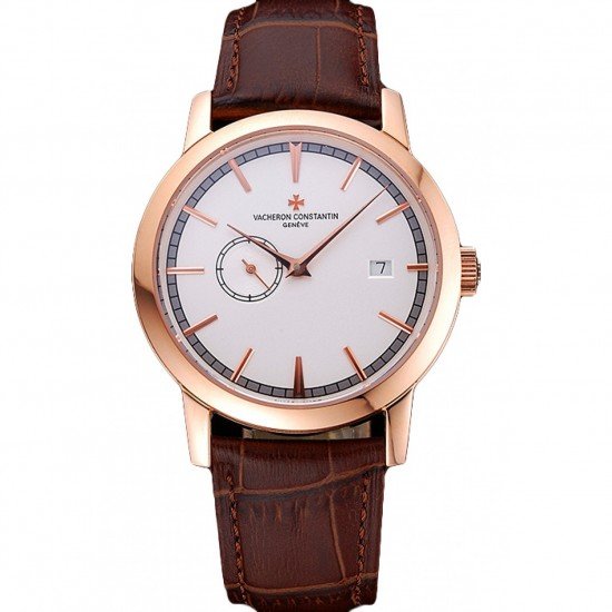 Swiss Vacheron Constantin Patrimony Contemporaine Rose Gold Case White Dial Brown Leather Bracelet 622680