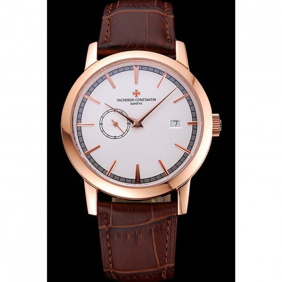 Swiss Vacheron Constantin Patrimony Contemporaine Rose Gold Case White Dial Brown Leather Bracelet 622680