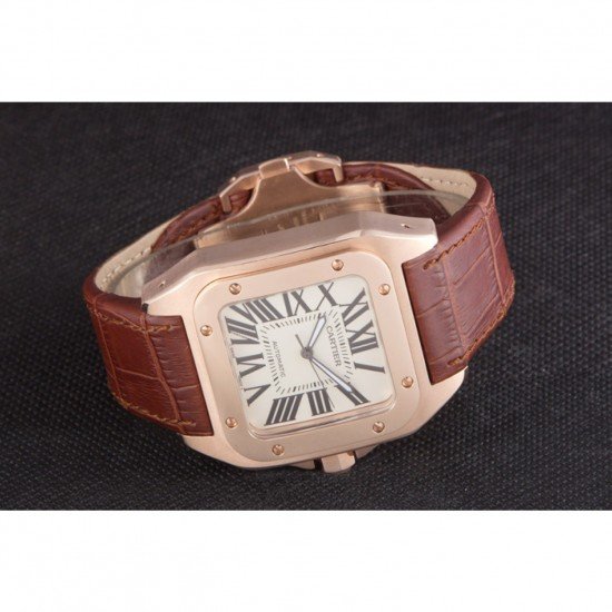 Swiss Cartier Santos Rose Gold with Brown Leather Strap 621522